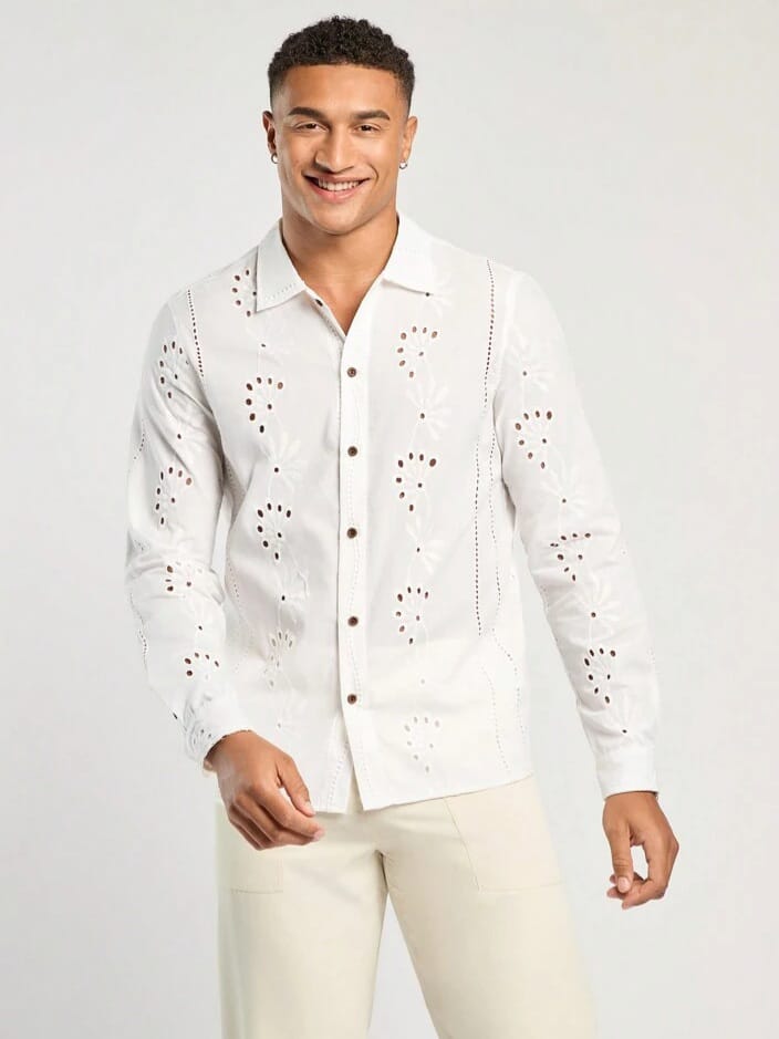Uptown Funky Men's Spring & Casual vacation Embroidered Fit White Long-Sleeve Shirt